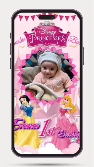 1st birthday invitation card for baby girl on Princess Theme with pink castle, crown, floral decorations, and elegant digital birthday invite video – 25 PR.