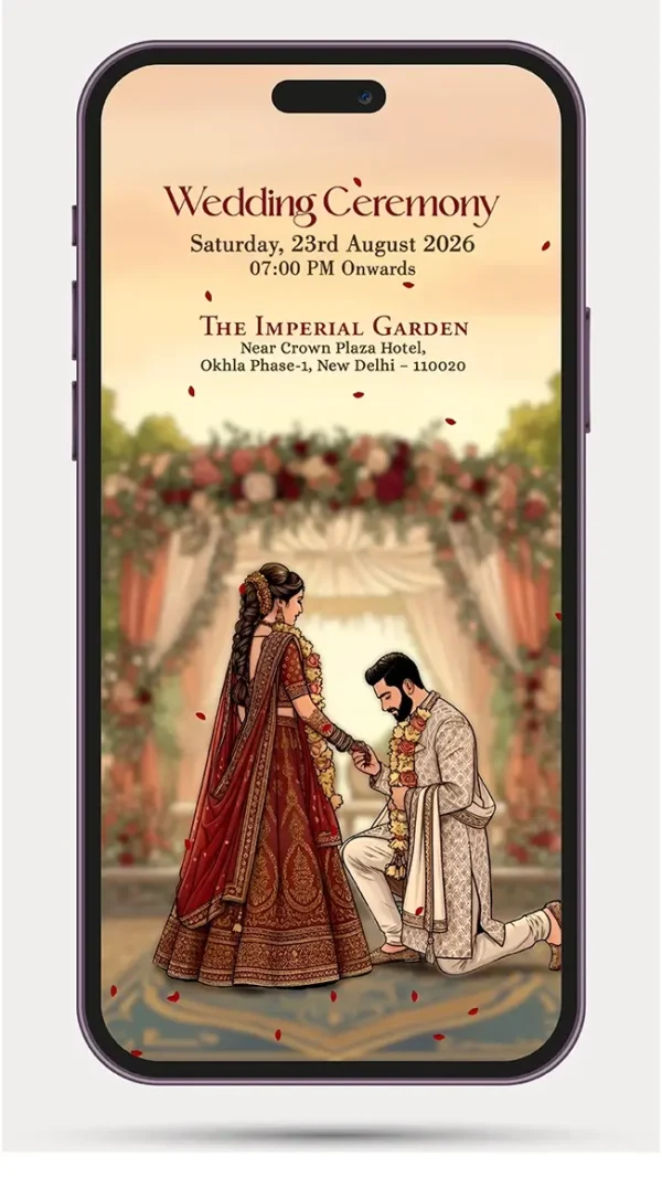 Best Indian wedding card invitation video for Hindu Wedding Ceremony with traditional Indian wedding elements, digital WhatsApp wedding invitation video design.