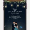 Caricature engagement invitation video with animated couple for ring ceremony and digital WhatsApp invitation template.