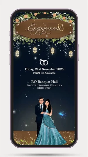 Caricature engagement invitation video with animated couple for ring ceremony and digital WhatsApp invitation template.