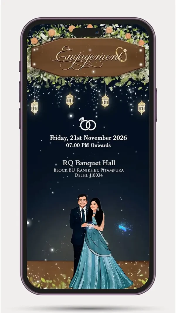 Caricature engagement invitation video with animated couple for ring ceremony and digital WhatsApp invitation template.