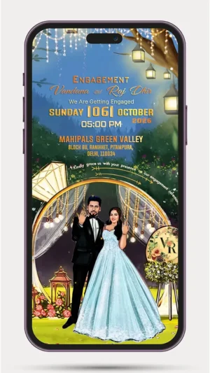 Personalized caricature engagement invitation video for ring ceremony with animated couple design and elegant digital invite template.