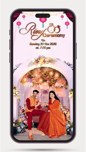 Personalized caricature ring ceremony invitation video with animated couple for engagement ceremony digital invite.