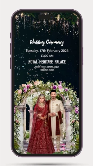 Caricature wedding invitation online with personalized couple face illustration, animated digital wedding invite video for WhatsApp and social media sharing.