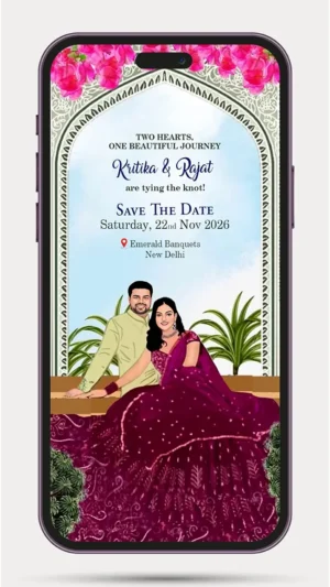 Caricature Wedding Save The Date Video Invitation for WhatsApp featuring a custom animated couple illustration with a modern digital wedding announcement design, perfect for sharing your save the date online.