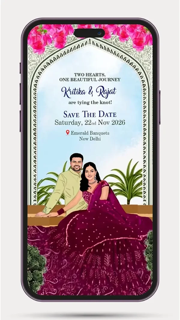 Caricature Wedding Save The Date Video Invitation for WhatsApp featuring a custom animated couple illustration with a modern digital wedding announcement design, perfect for sharing your save the date online.