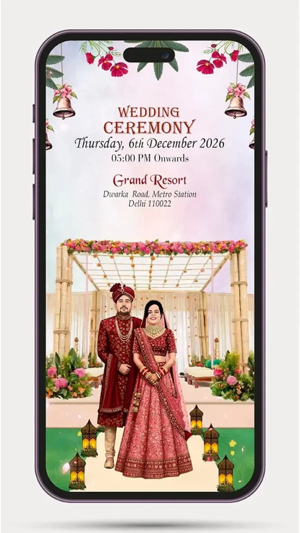 Couple caricature wedding invitation video featuring animated bride and groom with luxury digital wedding invitation design for Indian wedding and WhatsApp invite.