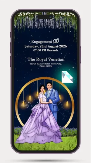 Elegant Engagement Invitation Video for Ring Ceremony with floral design, couple details, event information, and premium digital invite template.