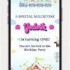 Colorful 1st birthday invitation video with circus theme, balloons, cute animals, carnival tent, and personalized baby birthday celebration invitation.