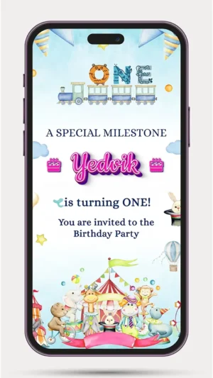 Colorful 1st birthday invitation video with circus theme, balloons, cute animals, carnival tent, and personalized baby birthday celebration invitation.