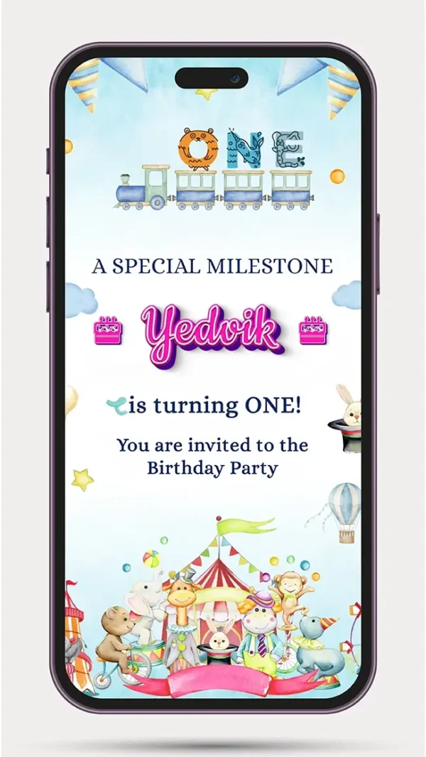 Colorful 1st birthday invitation video with circus theme, balloons, cute animals, carnival tent, and personalized baby birthday celebration invitation.