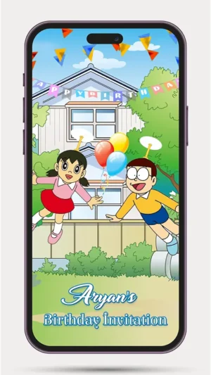 First Birthday Invitation Video with Doraemon theme for kids birthday celebration digital invite 21 PR