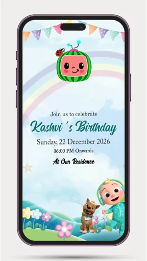 First Birthday Invitation Video on Cocomelon theme with colorful Kids Birthday Invitation design – 18 PR