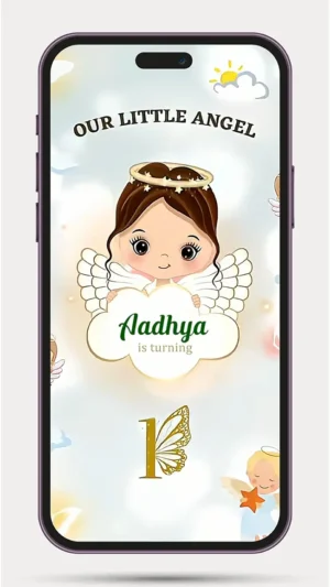 Girl Birthday Invitation video with elegant Angel Theme for girl's birthday celebration, personalized digital birthday invite for WhatsApp sharing.