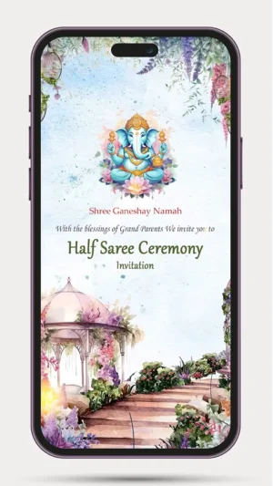 Half Saree Ceremony Invitation Video for Langa Voni Ceremony with traditional South Indian floral and cultural theme