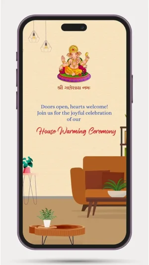 House Warming Invitation Video for Griha Pravesh ceremony with elegant digital invitation design for WhatsApp sharing – HW 104.