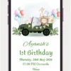 Jungle Safari Kids 1st birthday invitation with cute animals and personalized birthday party details for boys and girls.