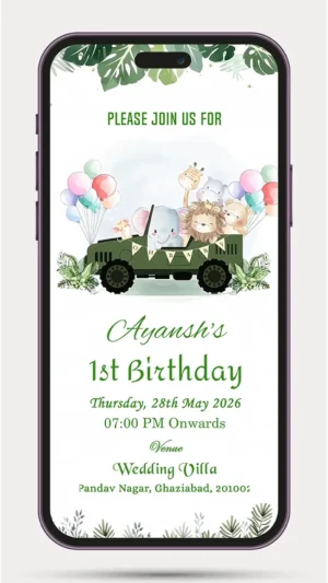 Jungle Safari Kids 1st birthday invitation with cute animals and personalized birthday party details for boys and girls.