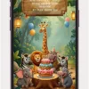 AI Jungle Theme Birthday Invitation Video featuring cute safari animals, tropical jungle background, and colorful animated birthday party invitation for kids.