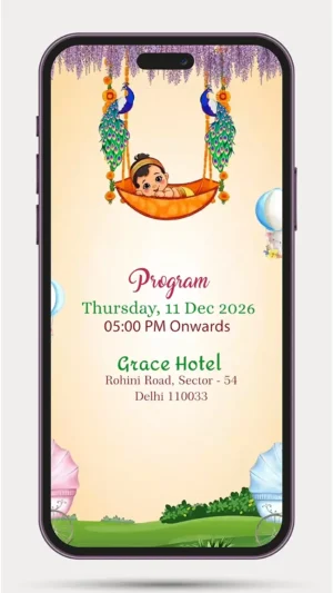 Krishna Theme Baby Shower Invitation | Indian Baby Shower Invite Video BS 103 with Little Krishna-inspired traditional digital invitation design.