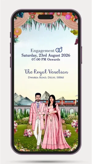 Caricature Wedding Invitation Video with Mountain Landscape, Scenic Train Journey, Personalized Couple Illustration, and Elegant Digital Wedding Invite for Indian Weddings – 220 PR