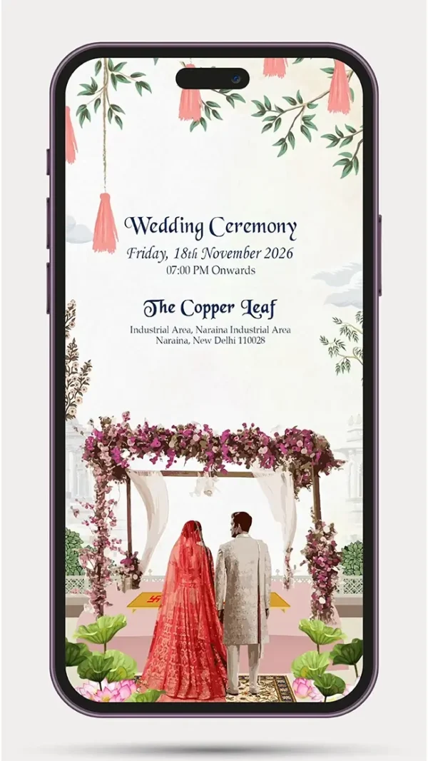 Luxury Wedding Card Video Invitation with elegant floral design, personalized couple details, digital marriage invitation for WhatsApp and social media sharing.