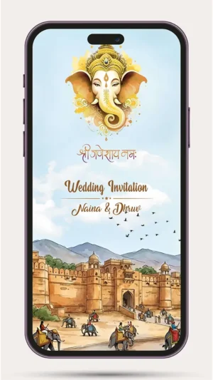 Royal Rajasthani Wedding Invitation Video Template for WhatsApp, traditional Indian wedding invite with palace theme, royal Rajasthan wedding card video design.