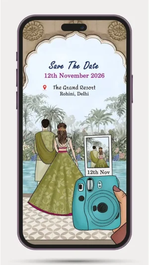 Free Save The Date wedding invitation video for WhatsApp featuring an elegant digital wedding announcement with customizable names, wedding date, and venue details.