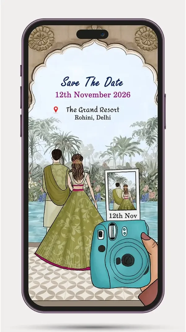 Free Save The Date wedding invitation video for WhatsApp featuring an elegant digital wedding announcement with customizable names, wedding date, and venue details.