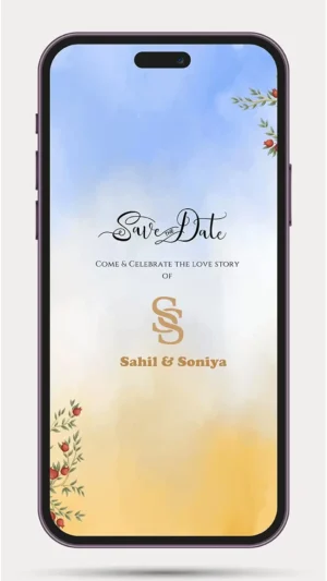 Free Wedding Save the Date Video Invite with elegant floral design, romantic couple animation, personalized wedding details, and digital wedding invitation for WhatsApp – 158