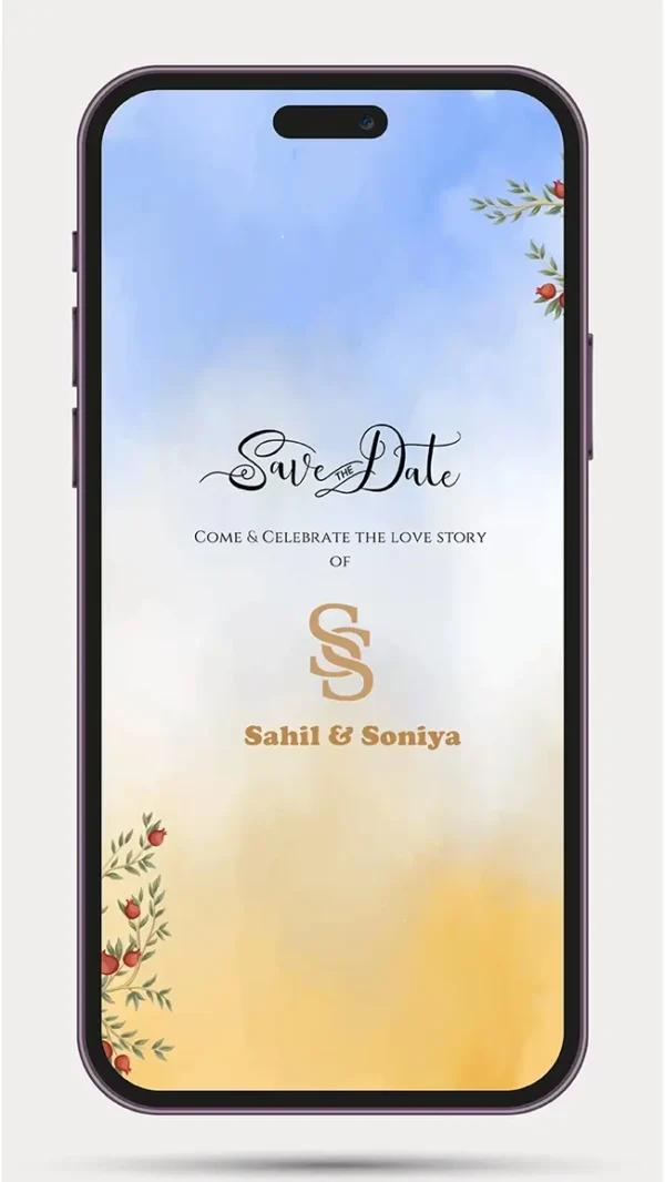 Free Wedding Save the Date Video Invite with elegant floral design, romantic couple animation, personalized wedding details, and digital wedding invitation for WhatsApp – 158