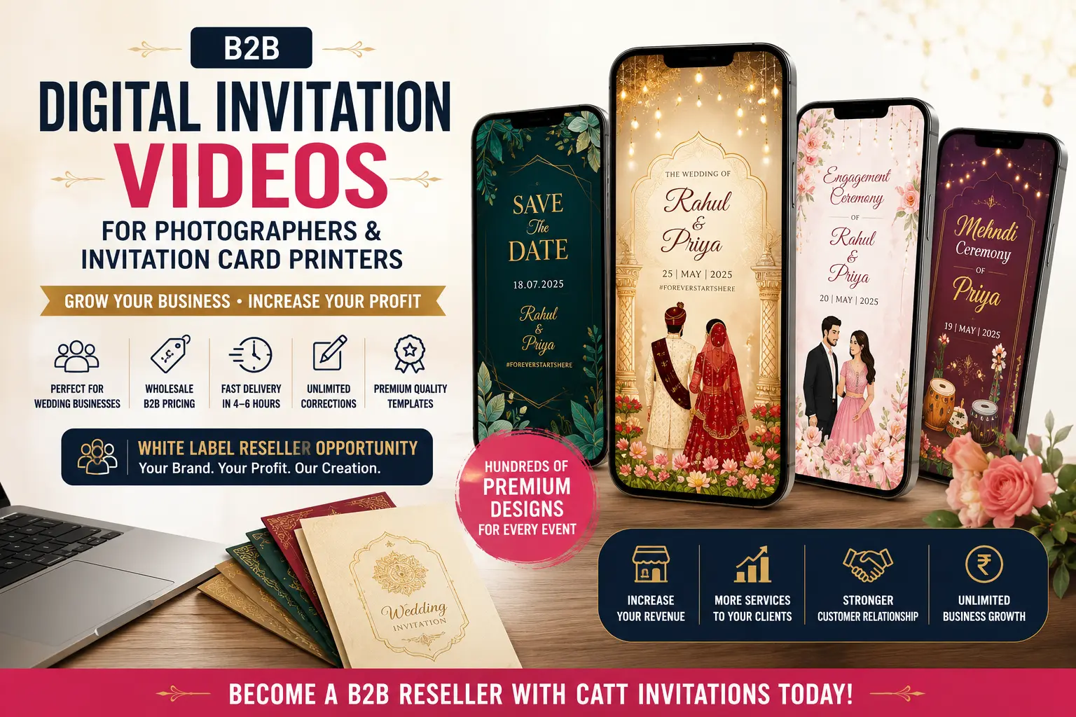 B2B digital invitation videos for photographers, invitation card printers, print shops, and wedding professionals with wholesale reseller pricing and white label services.