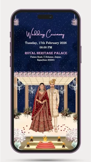 Custom caricature wedding invitation video featuring an animated bride and groom illustration with elegant wedding theme, personalized digital wedding invite for WhatsApp sharing – 247 PR