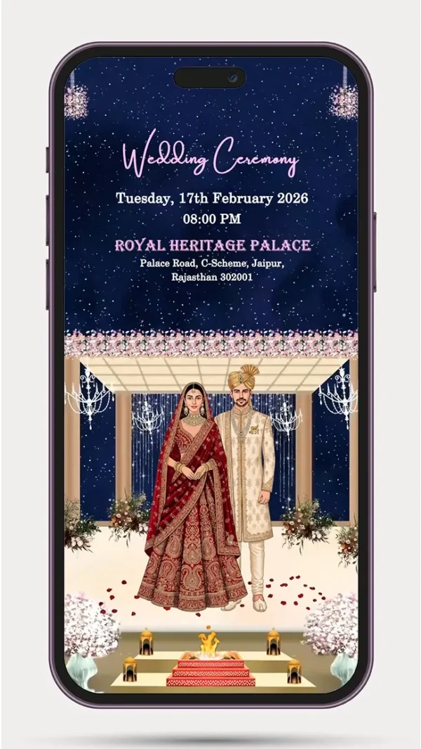 Custom caricature wedding invitation video featuring an animated bride and groom illustration with elegant wedding theme, personalized digital wedding invite for WhatsApp sharing – 247 PR