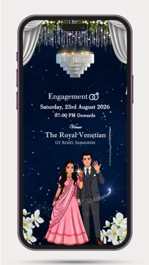 Engagement announcement video invite with elegant ring ceremony invitation design template for WhatsApp sharing.