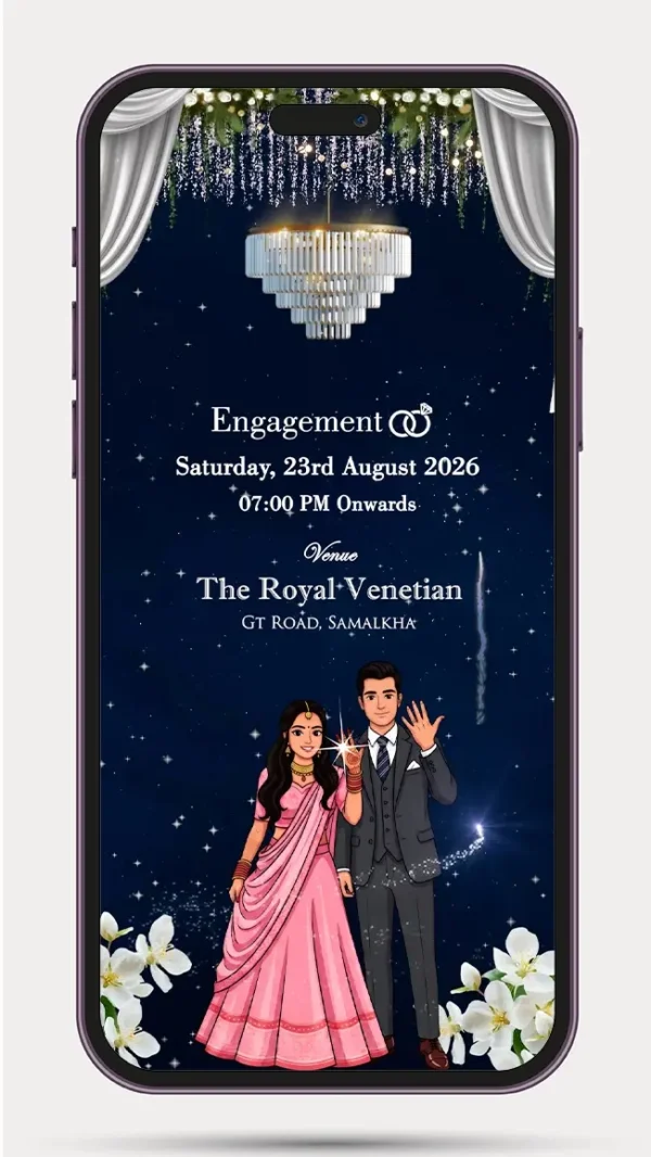 Engagement announcement video invite with elegant ring ceremony invitation design template for WhatsApp sharing.