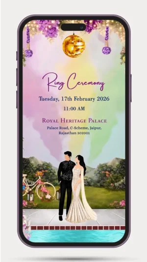 Elegant engagement ceremony invitation video with ring ceremony theme, floral design, couple names, event details, and modern WhatsApp digital invite template.