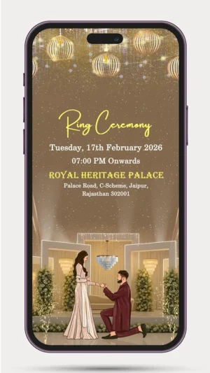 Elegant ring ceremony invitation video template for engagement celebration with floral theme, couple names, event details, and WhatsApp digital invite design.