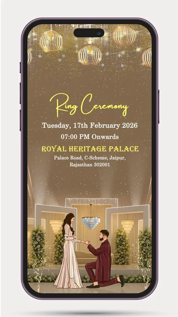Elegant ring ceremony invitation video template for engagement celebration with floral theme, couple names, event details, and WhatsApp digital invite design.