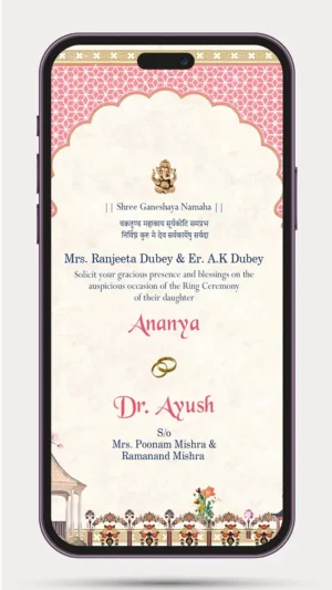 Elegant ring ceremony video invite template for engagement celebration featuring a modern digital invite design with romantic couple visuals, floral decor, and premium WhatsApp engagement invitation style.
