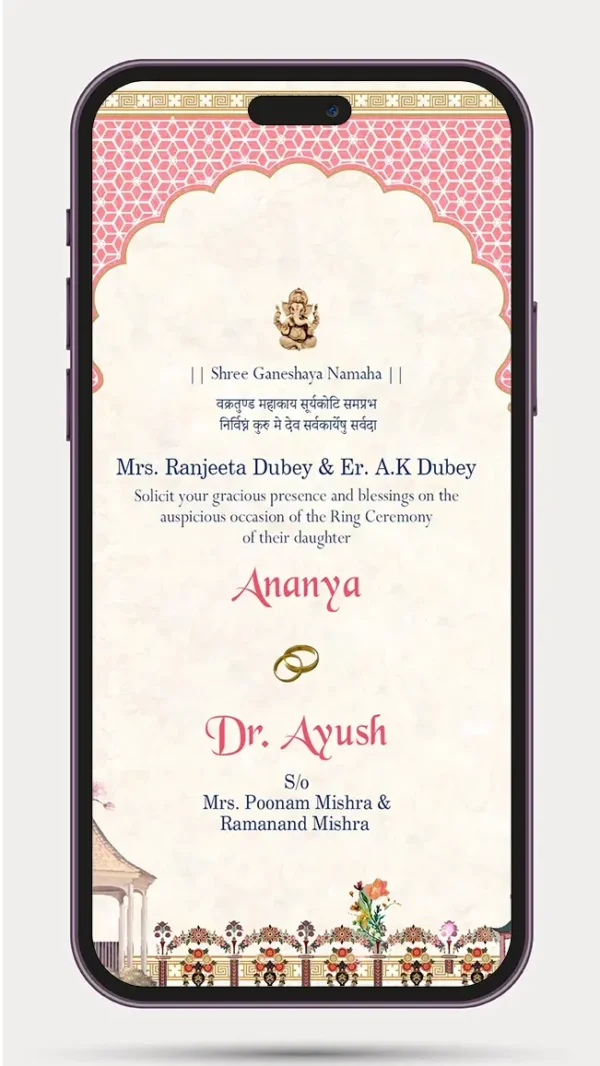 Elegant ring ceremony video invite template for engagement celebration featuring a modern digital invite design with romantic couple visuals, floral decor, and premium WhatsApp engagement invitation style.