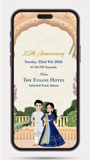 Elegant wedding anniversary invite video template with golden floral design, luxury black background, personalized couple names, anniversary celebration details, and premium digital WhatsApp invite – 228 PR