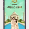 Caricature Muslim Wedding Invitation Video featuring a personalized Muslim couple illustration with elegant Islamic floral décor, mosque-inspired design, premium digital Nikah invitation, WhatsApp wedding invite, and customizable wedding details.