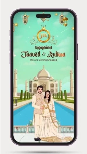 Caricature Muslim Wedding Invitation Video featuring a personalized Muslim couple illustration with elegant Islamic floral décor, mosque-inspired design, premium digital Nikah invitation, WhatsApp wedding invite, and customizable wedding details.