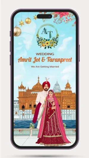 Caricature Sikh Wedding Invitation Video featuring a traditional Sikh bride and groom illustration with elegant floral decorations, luxurious wedding theme, Punjabi wedding design, Anand Karaj invitation, personalized digital WhatsApp wedding invite, and premium animated Sikh wedding invitation template.