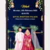 Digital Muslim Wedding Invitation Video 171 featuring an elegant Islamic floral theme with luxurious gold accents, traditional Arabic-inspired design, couple details, wedding ceremony information, and a premium WhatsApp wedding invitation layout.