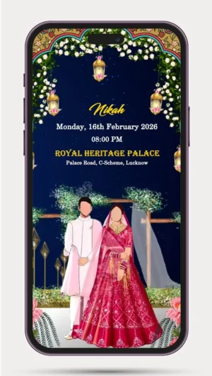 Digital Muslim Wedding Invitation Video 171 featuring an elegant Islamic floral theme with luxurious gold accents, traditional Arabic-inspired design, couple details, wedding ceremony information, and a premium WhatsApp wedding invitation layout.