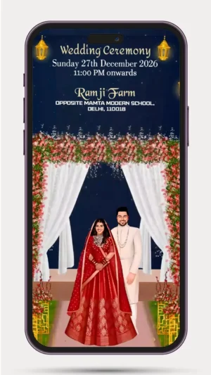 Hindu wedding invitation card caricature invite video with traditional Indian wedding design
