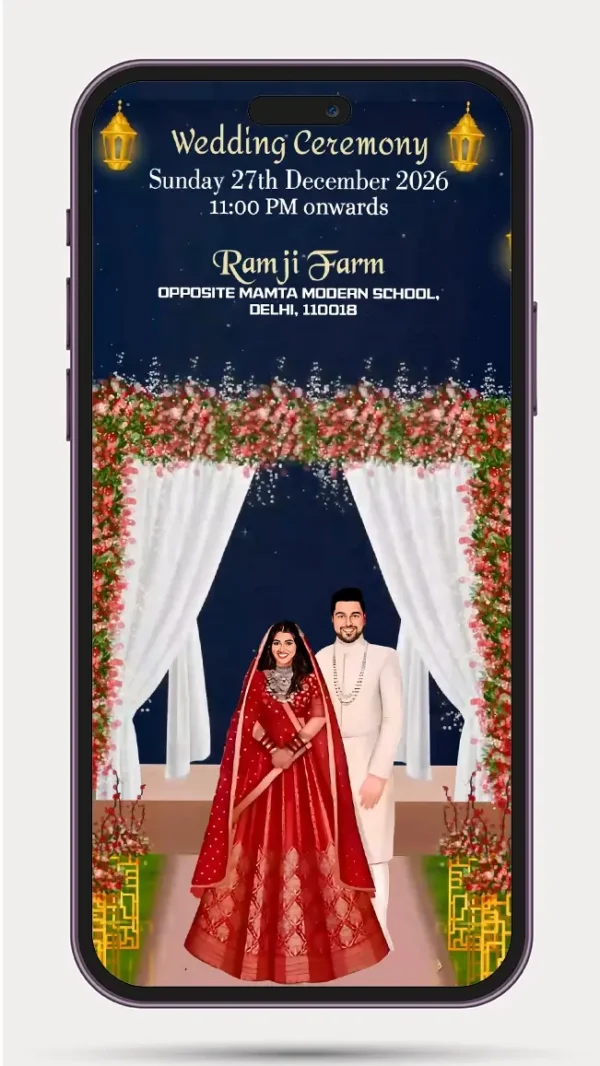 Hindu wedding invitation card caricature invite video with traditional Indian wedding design