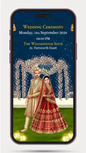Indian caricature wedding invitation video with traditional wedding elements
